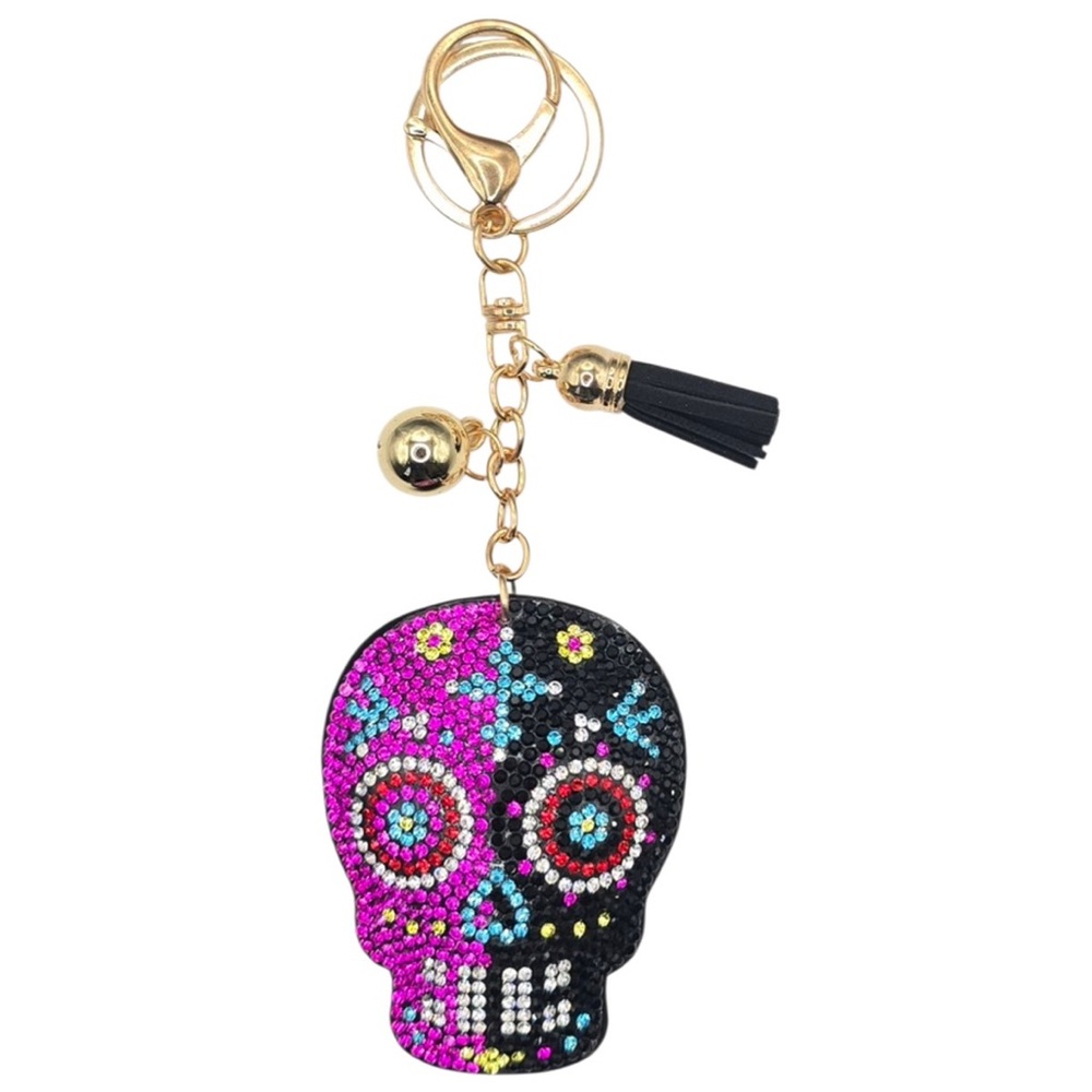 NEW! Pink & Black Sugar Skull Rhinestone Bling Keychain Purse Charm with Tassel